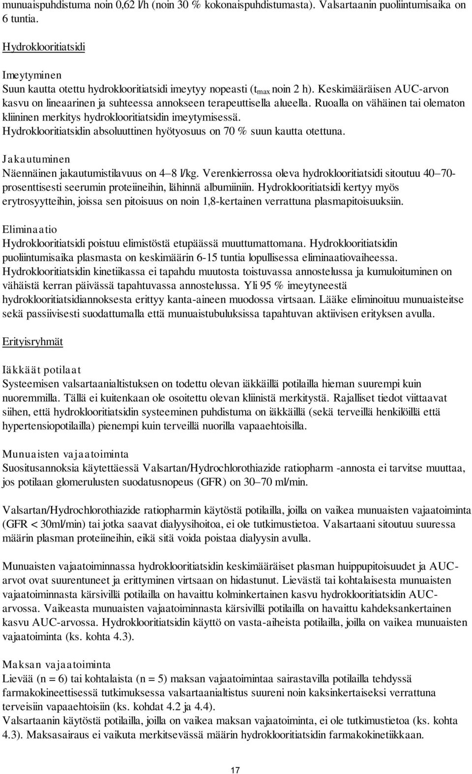 Ruoalla on vähäinen tai olematon kliininen merkitys hydroklooritiatsidin imeytymisessä. Hydroklooritiatsidin absoluuttinen hyötyosuus on 70 % suun kautta otettuna.