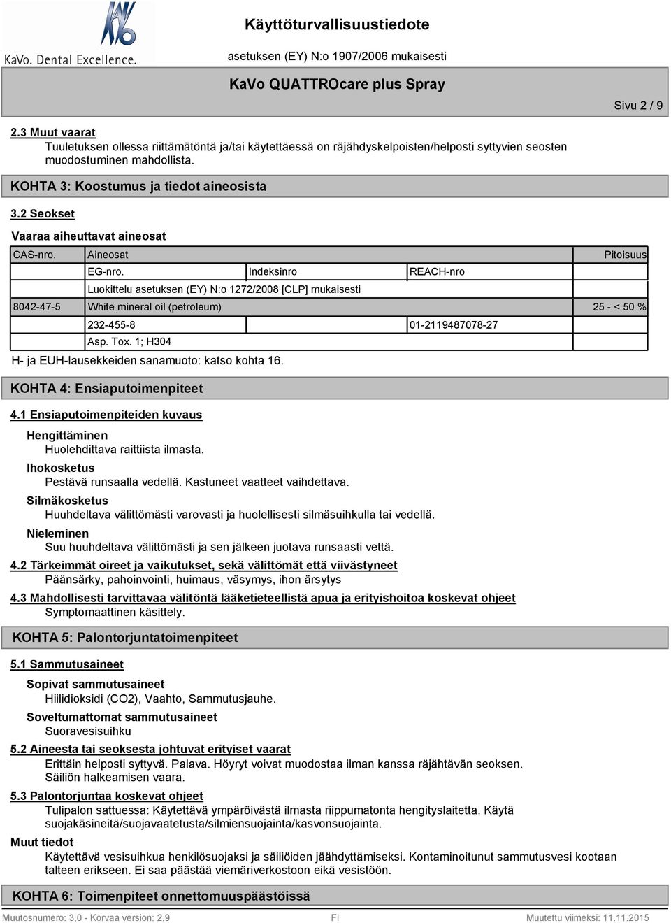 Indeksinro REACH-nro Luokittelu asetuksen (EY) N:o 1272/2008 [CLP] mukaisesti Pitoisuus 8042-47-5 White mineral oil (petroleum) 25 - < 50 % 232-455-8 01-2119487078-27 Asp. Tox.