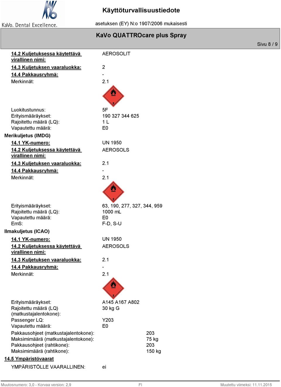 2 Kuljetuksessa käytettävä virallinen nimi: AEROSOLS 14.3 Kuljetuksen vaaraluokka: 2.1 14.4 Pakkausryhmä: - Merkinnät: 2.