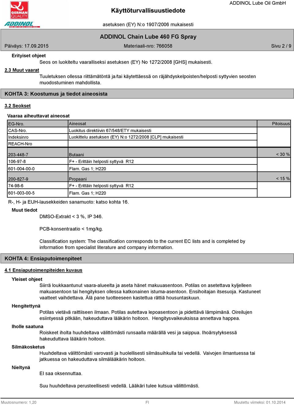 Indeksinro REACH-Nro Aineosat Luokitus direktiivin 67/548/ETY mukaisesti Luokittelu asetuksen (EY) N:o 1272/2008 [CLP] mukaisesti Pitoisuus 203-448-7 Butaani < 30 % 106-97-8 601-004-00-0 F+ -