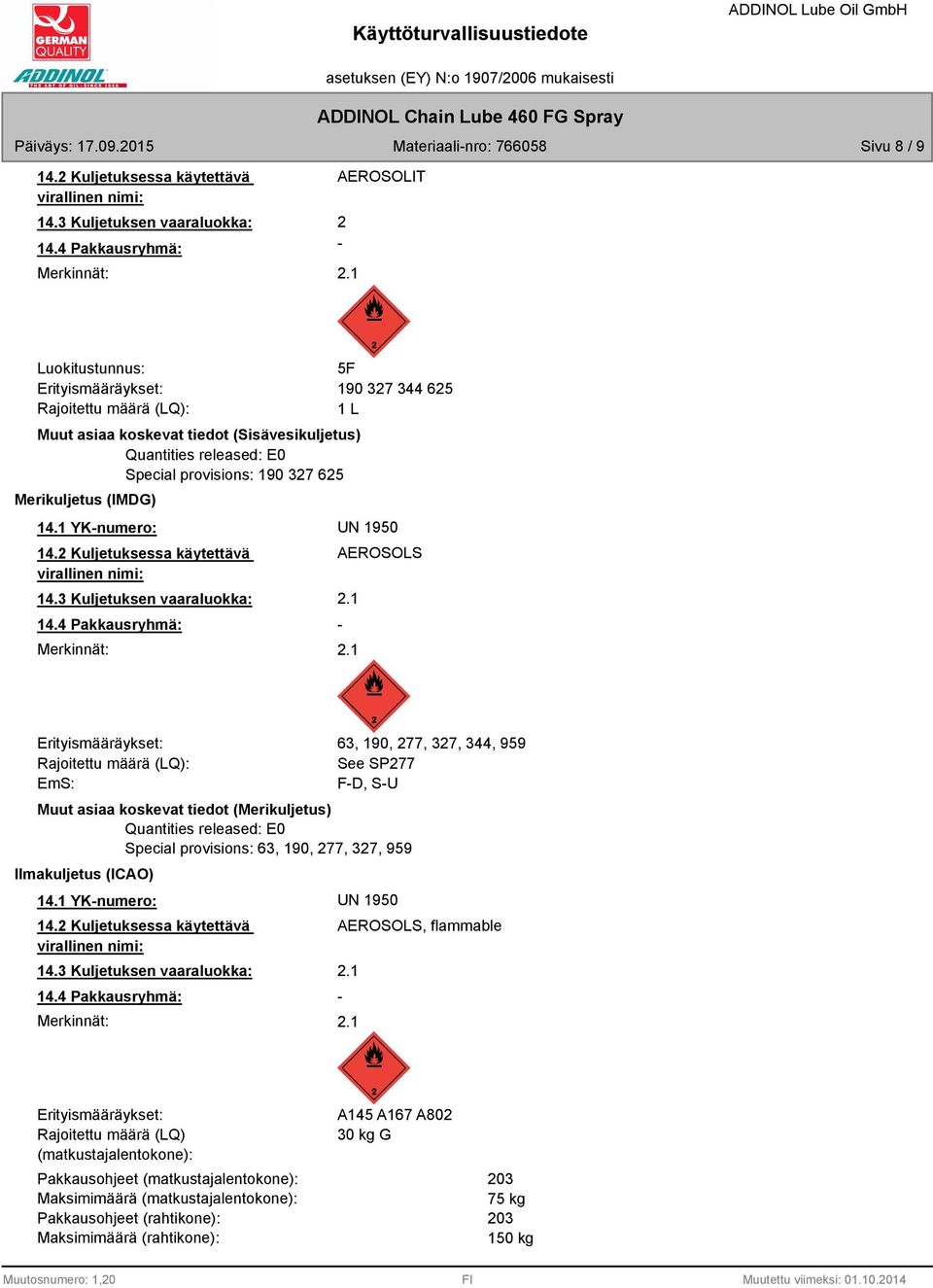 Merikuljetus (IMDG) 5F 190 327 344 625 1 L 14.1 YK-numero: UN 1950 14.2 Kuljetuksessa käytettävä virallinen nimi: 14.3 Kuljetuksen vaaraluokka: 14.