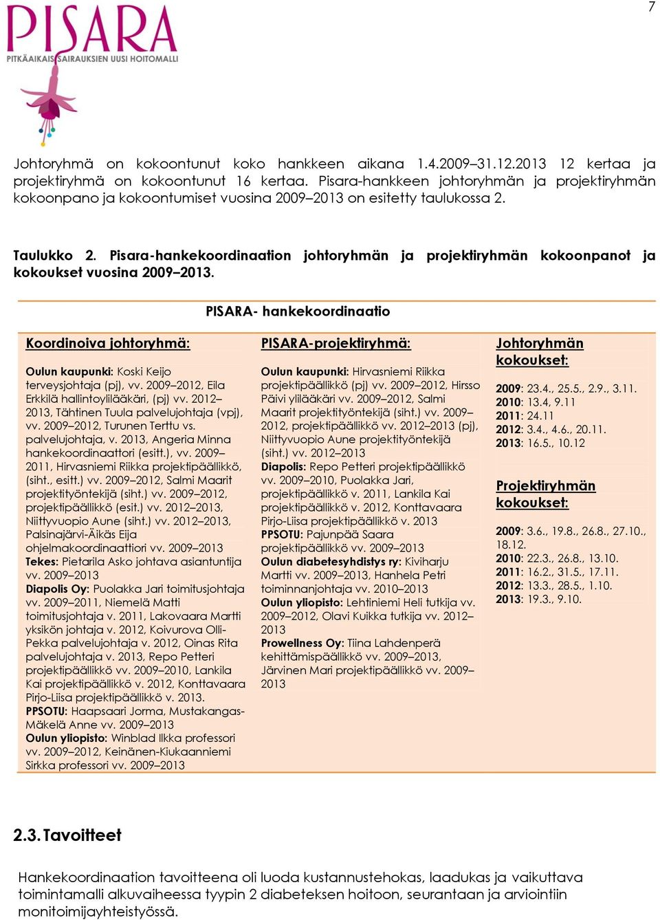 Pisara-hankekoordinaation johtoryhmän ja projektiryhmän kokoonpanot ja kokoukset vuosina 2009 2013.