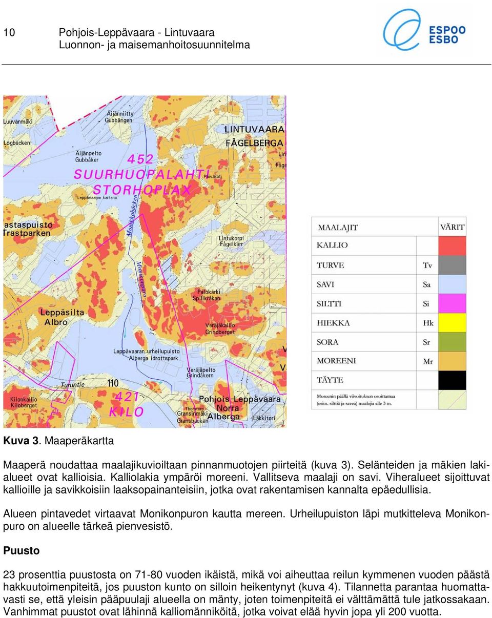 Viheralueet sijoittuvat kallioille ja savikkoisiin laaksopainanteisiin, jotka ovat rakentamisen kannalta epäedullisia. Alueen pintavedet virtaavat Monikonpuron kautta mereen.