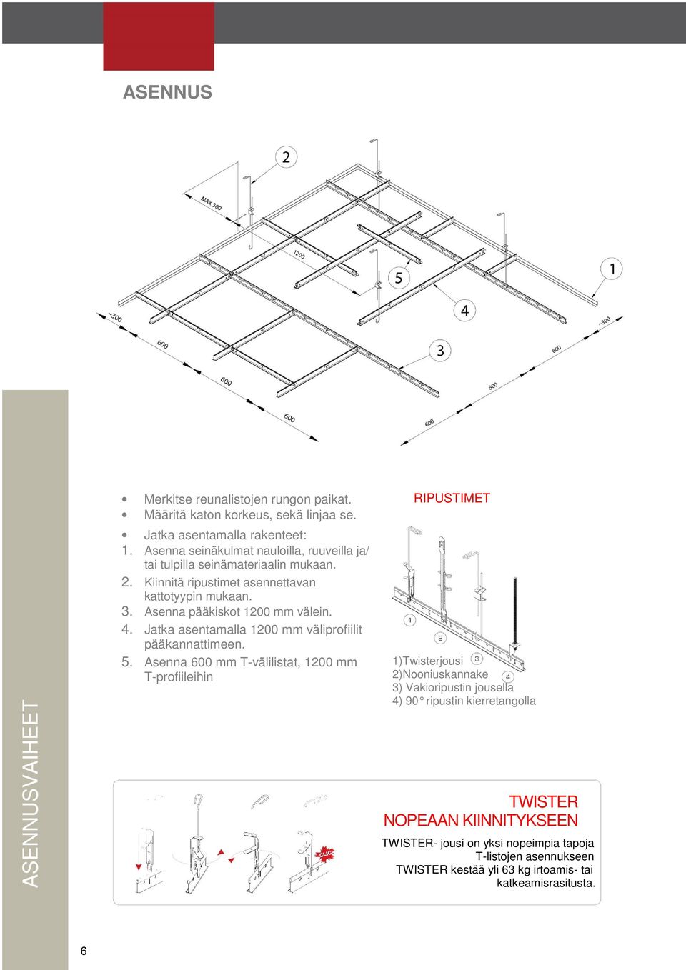 Asenna pääkiskot 1200 mm välein. 4. Jatka asentamalla 1200 mm väliprofiilit pääkannattimeen. 5.