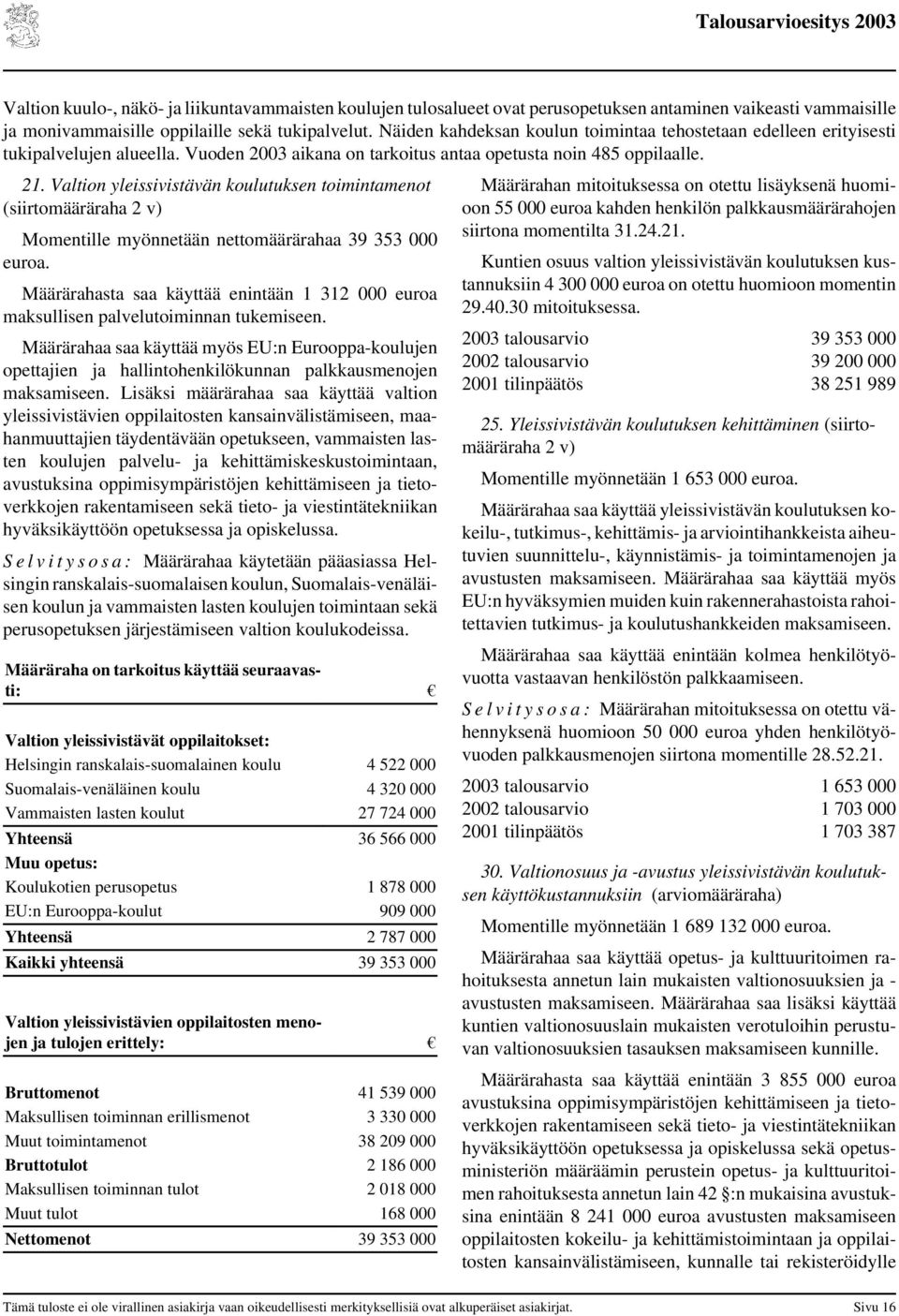 Valtion yleissivistävän koulutuksen toimintamenot (siirtomääräraha 2 v) Momentille myönnetään nettomäärärahaa 39 353 000 euroa.