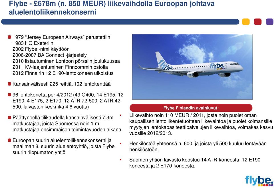 listautuminen Lontoon pörssiin joulukuussa 2011 KV-laajentuminen Finncommin ostolla 2012 Finnairin 12 E190-lentokoneen ulkoistus Kansainvälisesti 225 reittiä, 102 lentokenttää 96 lentokonetta per