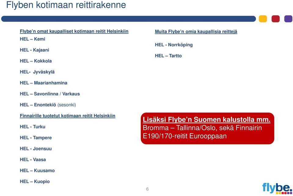 Enontekiö (sesonki) Finnairille tuotetut kotimaan reitit Helsinkiin HEL - Turku HEL - Tampere Lisäksi Flybe n Suomen