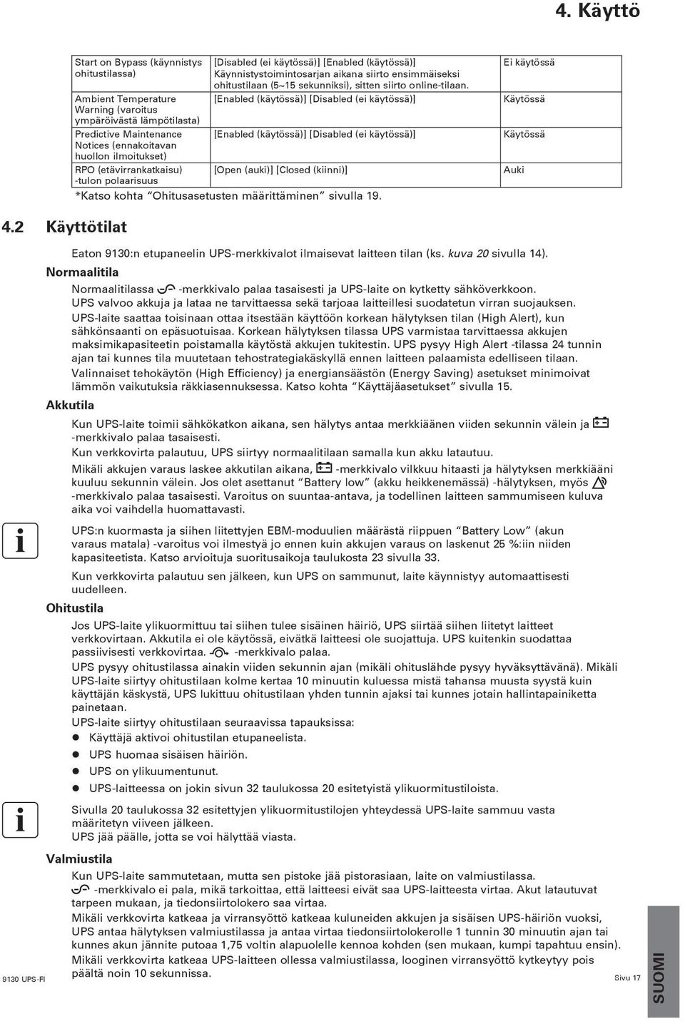 [Enabled (käytössä)] [Disabled (ei käytössä)] Predictive Maintenance [Enabled (käytössä)] [Disabled (ei käytössä)] Notices (ennakoitavan huollon ilmoitukset) RPO (etävirrankatkaisu) [Open (auki)]