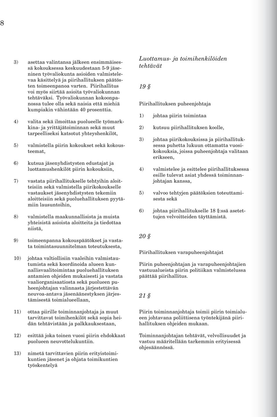 4) valita sekä ilmoittaa puolueelle työmarkkina- ja yrittäjätoiminnan sekä muut tarpeelliseksi katsotut yhteyshenkilöt, 5) valmistella piirin kokoukset sekä kokousteemat, 6) kutsua jäsenyhdistysten