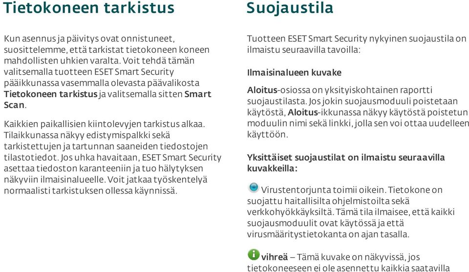 Tuotteen ESET Smart Security nykyinen suojaustila on ilmaistu seuraavilla tavoilla: Kaikkien paikallisien kiintolevyjen tarkistus alkaa.