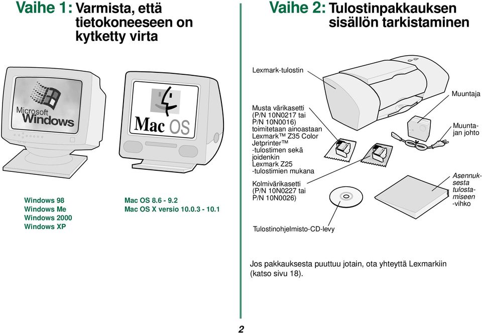 1 Musta värikasetti (P/N 10N0217 tai P/N 10N0016) toimitetaan ainoastaan Lexmark Z35 Color Jetprinter -tulostimen sekä joidenkin Lexmark Z25