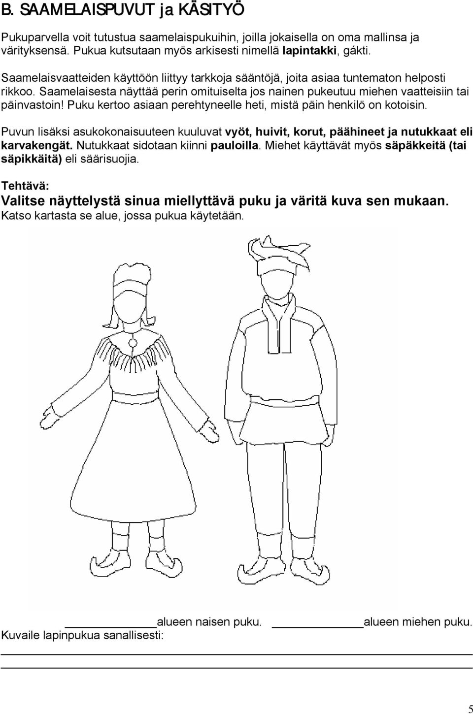 Puku kertoo asiaan perehtyneelle heti, mistä päin henkilö on kotoisin. Puvun lisäksi asukokonaisuuteen kuuluvat vyöt, huivit, korut, päähineet ja nutukkaat eli karvakengät.