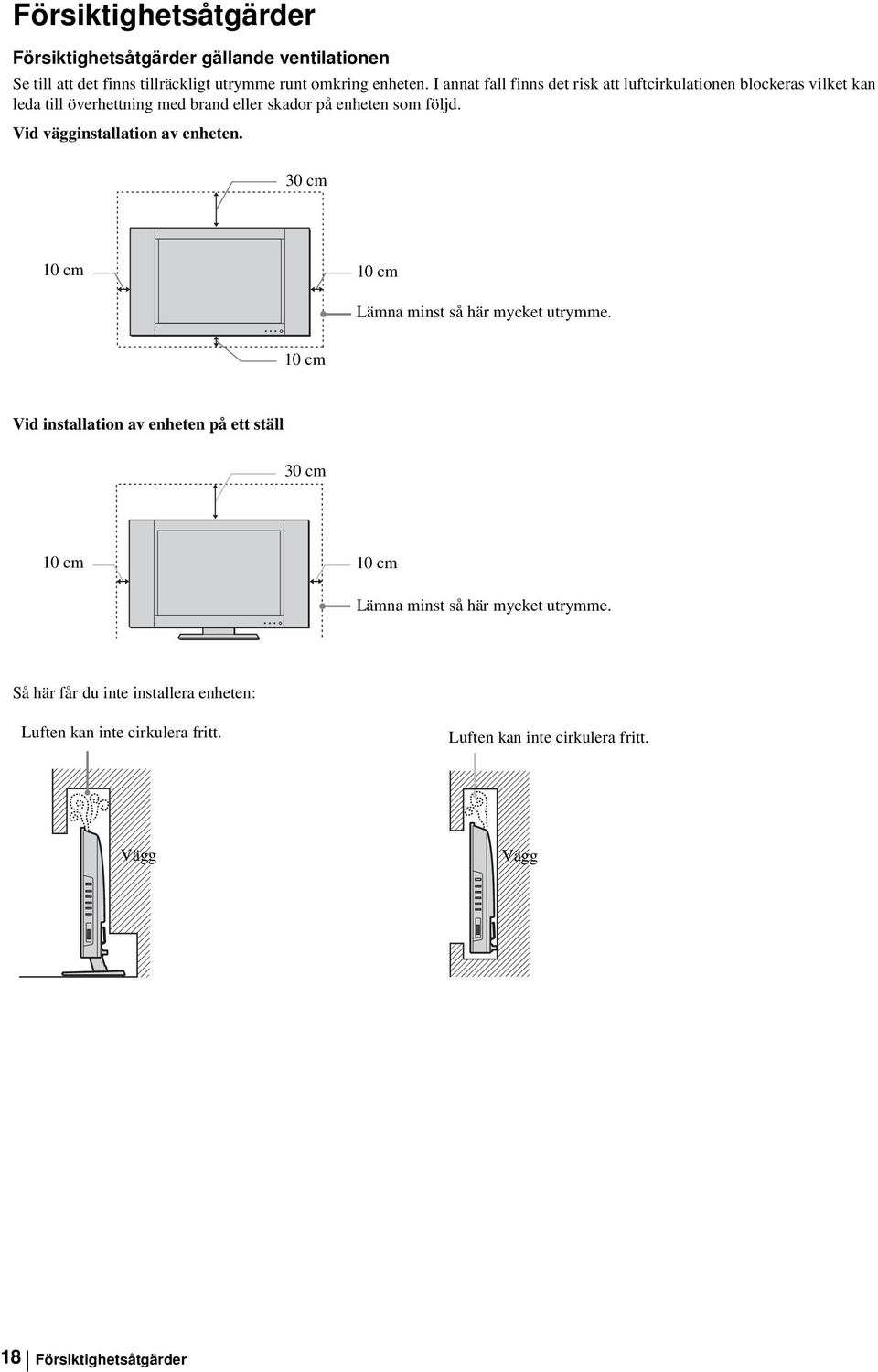 Vid vägginstallation av enheten. 30 cm 10 cm 10 cm Lämna minst så här mycket utrymme.