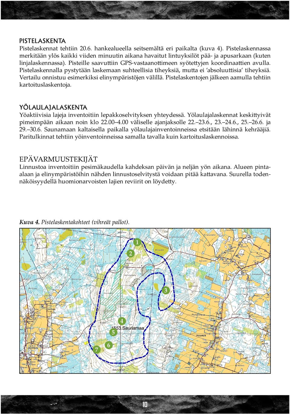 Pisteille saavuttiin GPS-vastaanottimeen syötettyjen koordinaattien avulla. Pistelaskennalla pystytään laskemaan suhteellisia tiheyksiä, mutta ei absoluuttisia tiheyksiä.