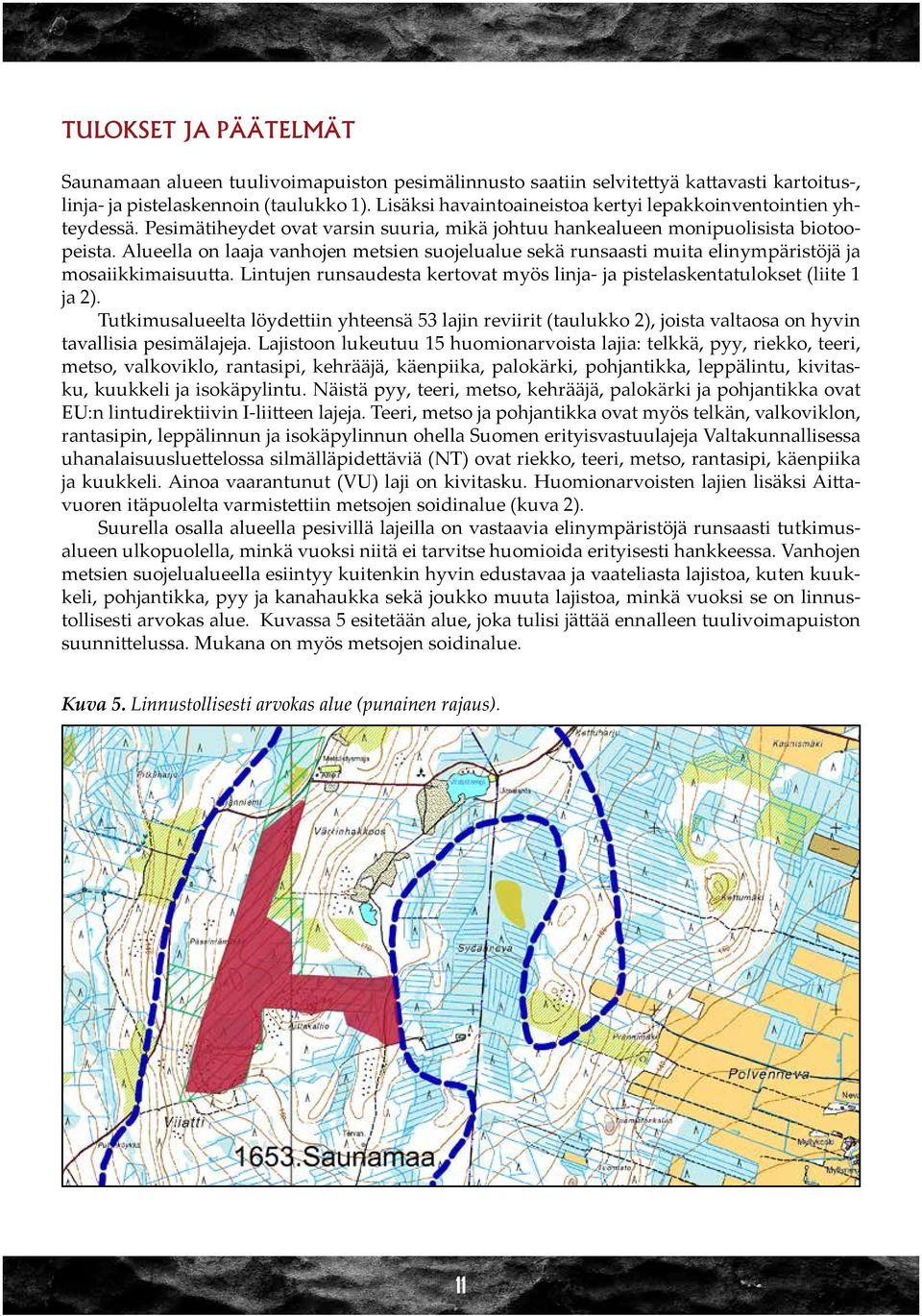 Alueella on laaja vanhojen metsien suojelualue sekä runsaasti muita elinympäristöjä ja mosaiikkimaisuutta. Lintujen runsaudesta kertovat myös linja- ja pistelaskentatulokset (liite 1 ja 2).