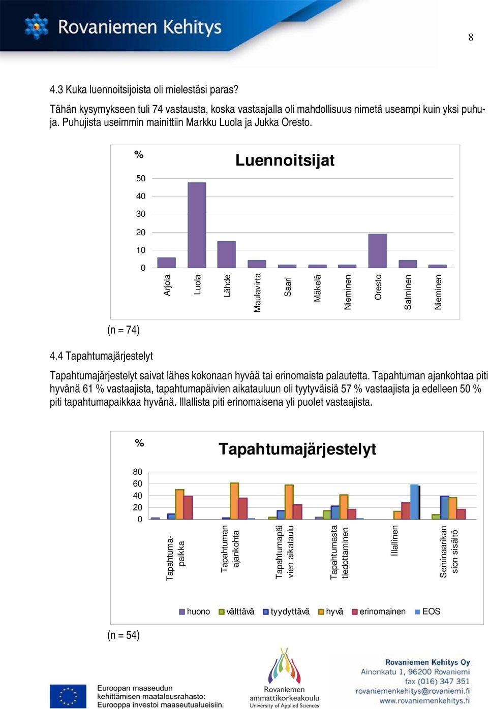 4 Tapahtumajärjestelyt Tapahtumajärjestelyt saivat lähes kokonaan hyvää tai erinomaista palautetta.