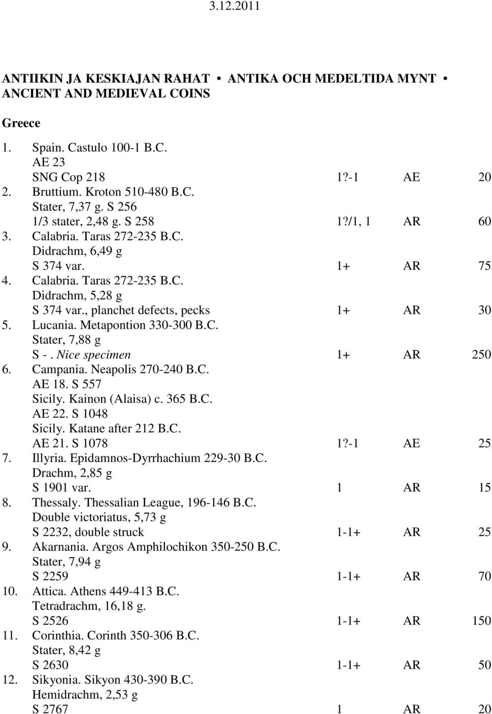 , planchet defects, pecks 1+ AR 30 5. Lucania. Metapontion 330-300 B.C. Stater, 7,88 g S -. Nice specimen 1+ AR 250 6. Campania. Neapolis 270-240 B.C. AE 18. S 557 Sicily. Kainon (Alaisa) c. 365 B.C. AE 22.