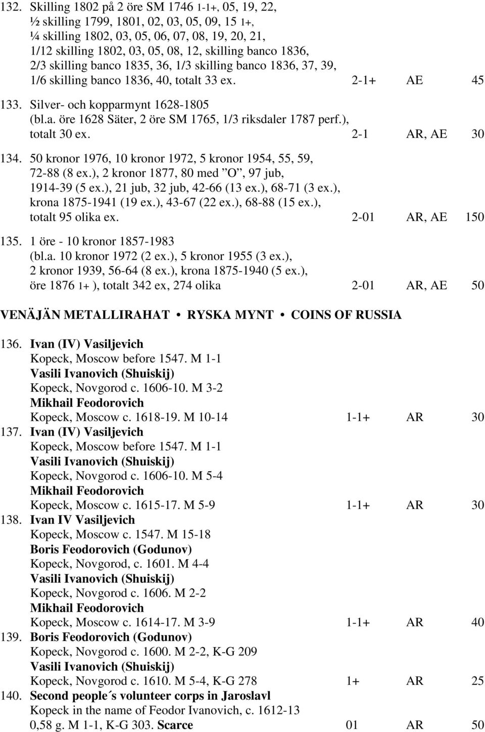 ), totalt 30 ex. 2-1 AR, AE 30 134. 50 kronor 1976, 10 kronor 1972, 5 kronor 1954, 55, 59, 72-88 (8 ex.), 2 kronor 1877, 80 med O, 97 jub, 1914-39 (5 ex.), 21 jub, 32 jub, 42-66 (13 ex.), 68-71 (3 ex.