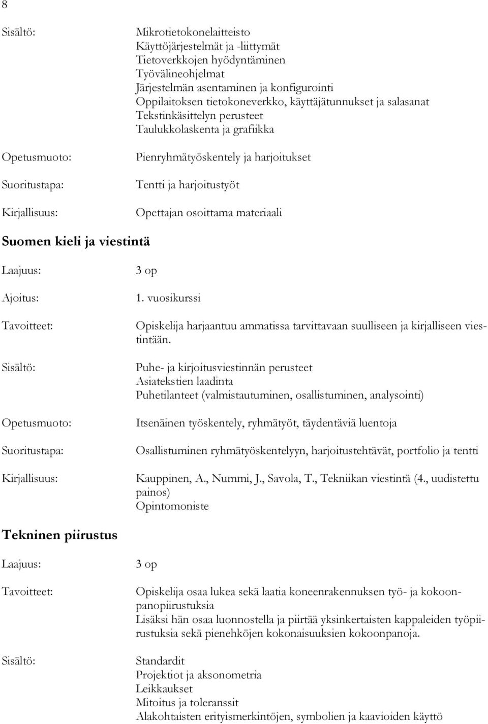 vuosikurssi Opiskelija harjaantuu ammatissa tarvittavaan suulliseen ja kirjalliseen viestintään.