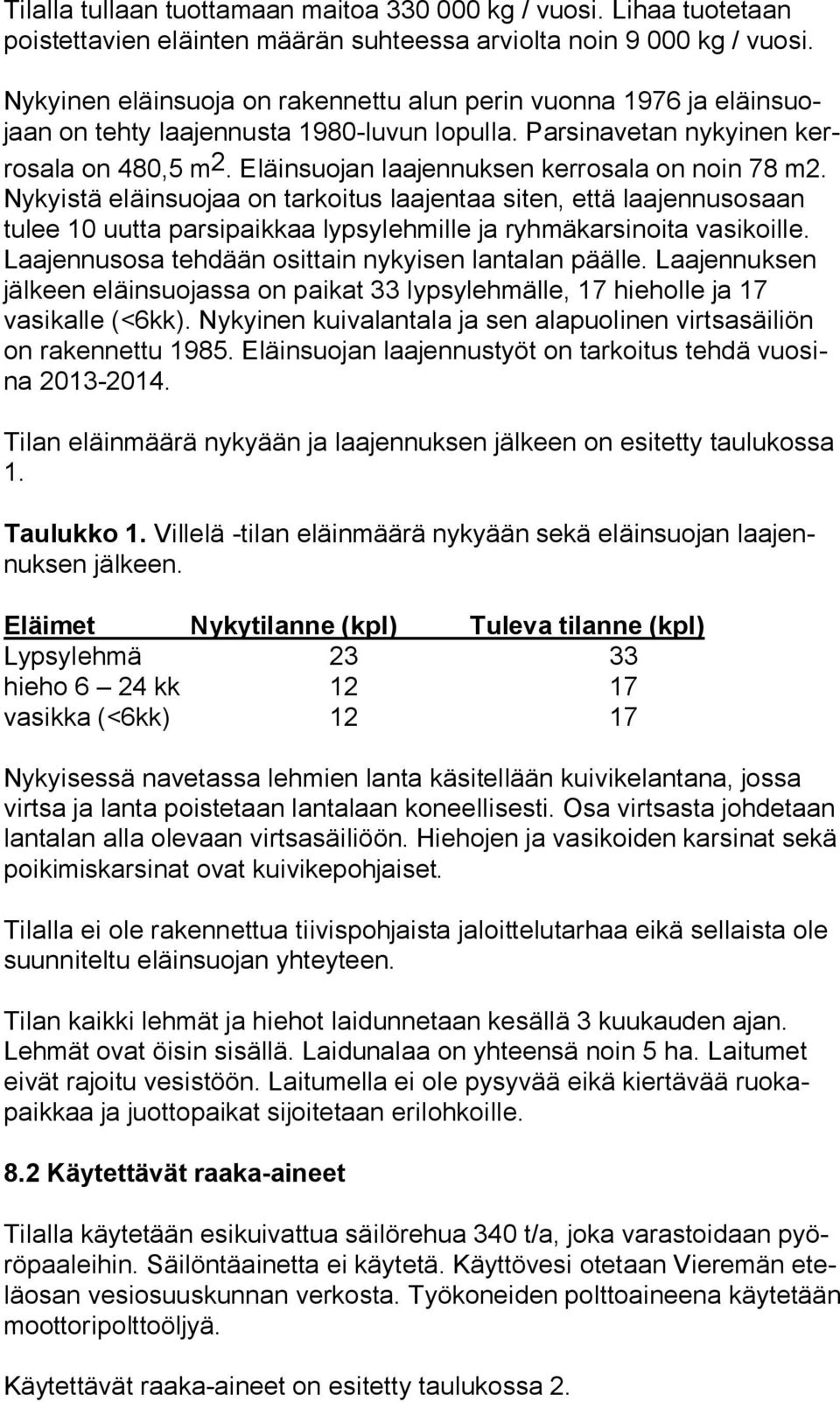 Eläinsuojan laajennuksen kerrosala on noin 78 m2. Nykyistä eläinsuojaa on tarkoitus laajentaa siten, että laa jen nus osaan tulee 10 uutta parsipaikkaa lypsylehmille ja ryhmäkarsinoita va si koil le.