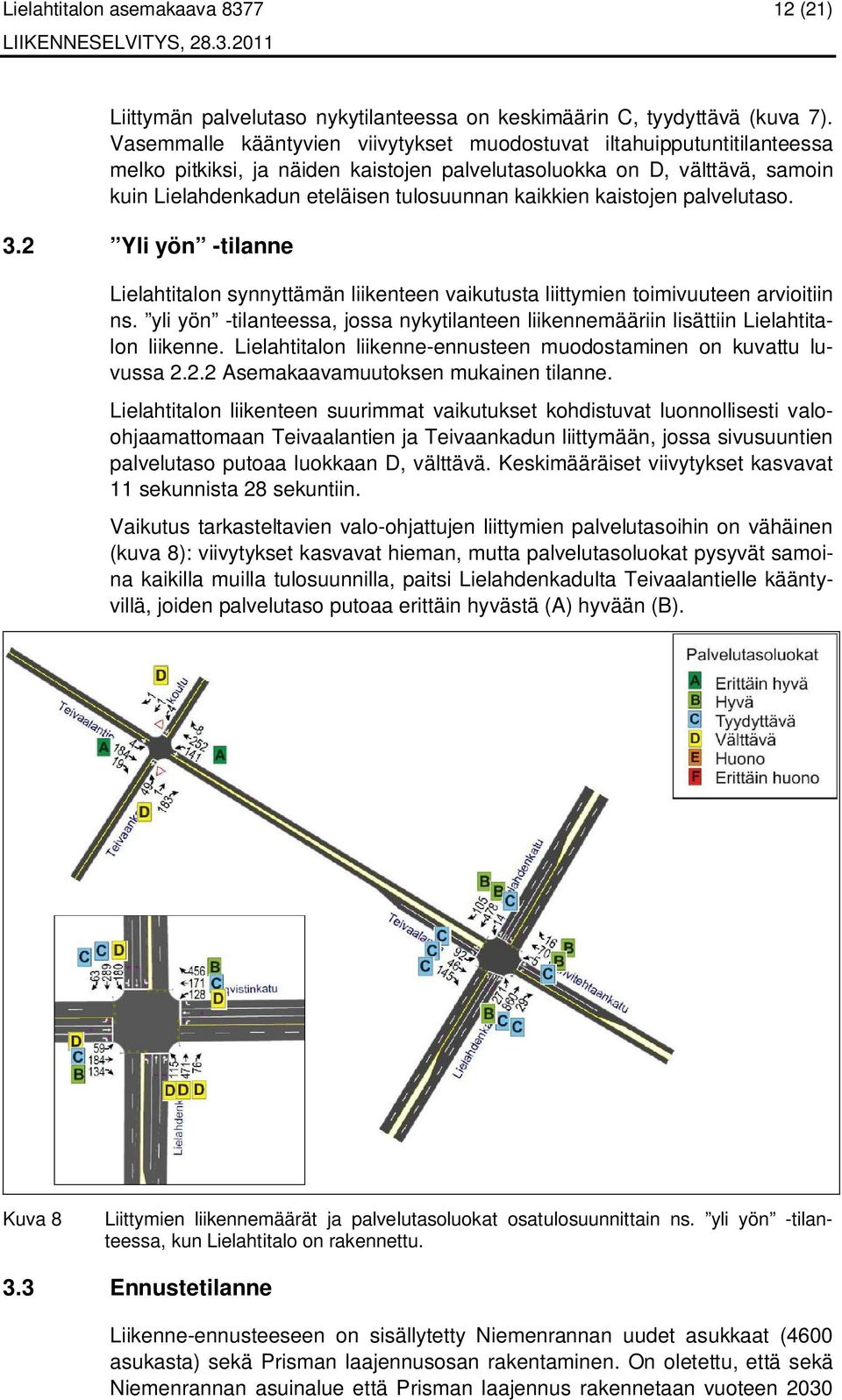 kaikkien kaistojen palvelutaso. 3.2 Yli yön -tilanne Lielahtitalon synnyttämän liikenteen vaikutusta liittymien toimivuuteen arvioitiin ns.