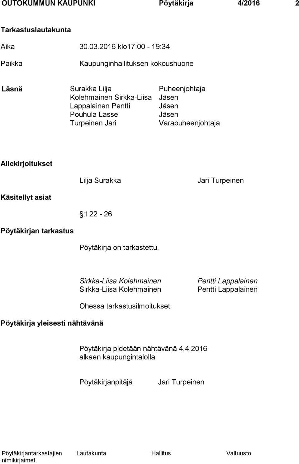 Lasse Jäsen Turpeinen Jari Varapuheenjohtaja Allekirjoitukset Lilja Surakka Jari Turpeinen Käsitellyt asiat :t 22-26 Pöytäkirjan tarkastus Pöytäkirja on