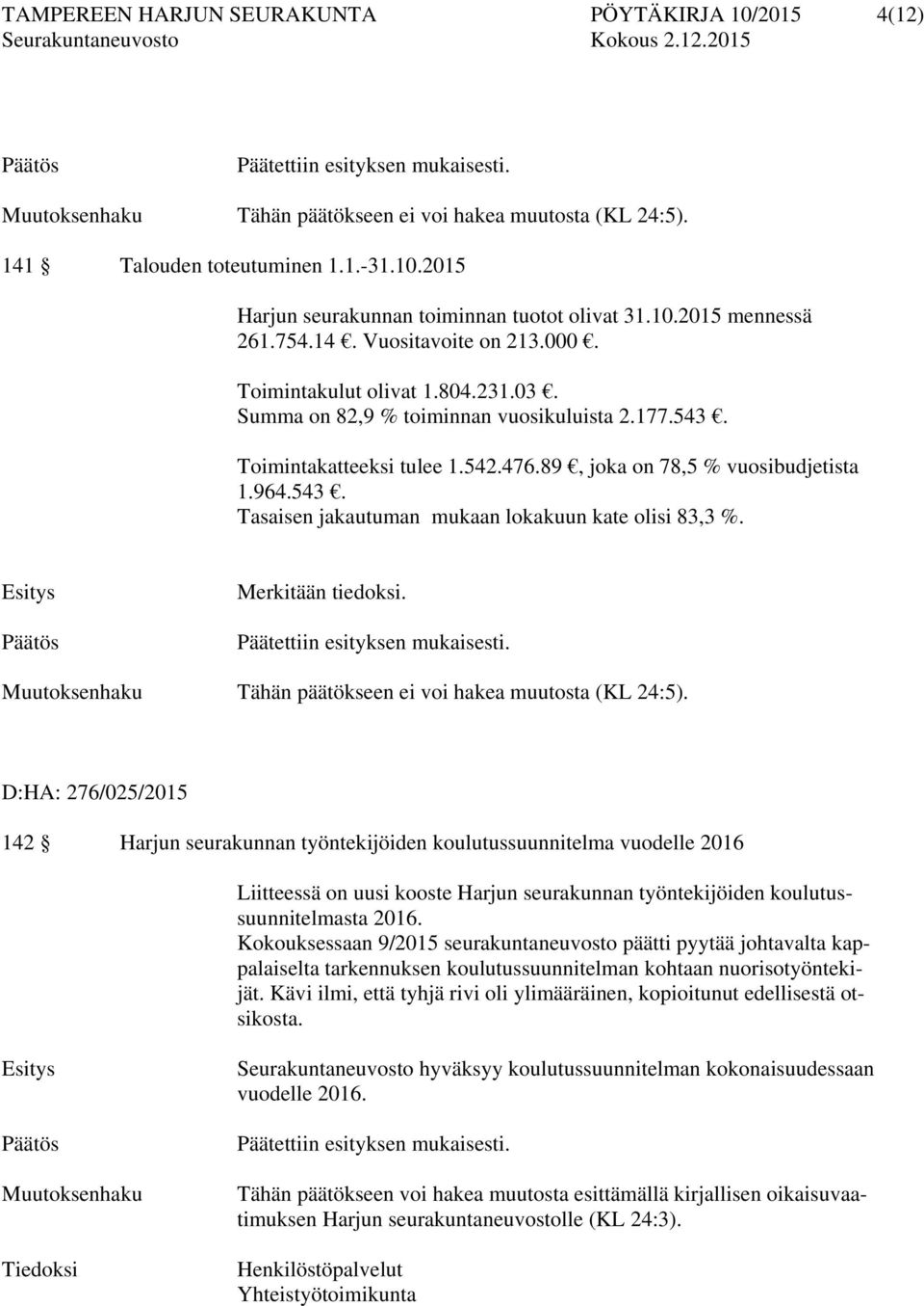 89, joka on 78,5 % vuosibudjetista 1.964.543. Tasaisen jakautuman mukaan lokakuun kate olisi 83,3 %. Esitys Merkitään tiedoksi. Päätettiin esityksen mukaisesti.