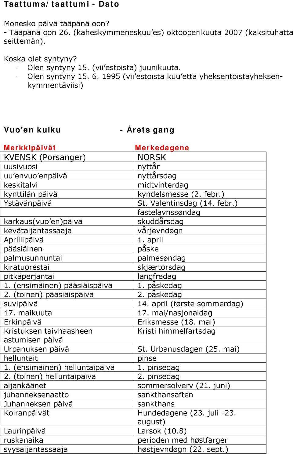 1995 (vii estoista kuu etta yheksentoistayheksenkymmentäviisi) Vuo en kulku - Årets gang Merkkipäivät Merkedagene KVENSK (Porsanger) NORSK uusivuosi nyttår uu envuo enpäivä nyttårsdag keskitalvi