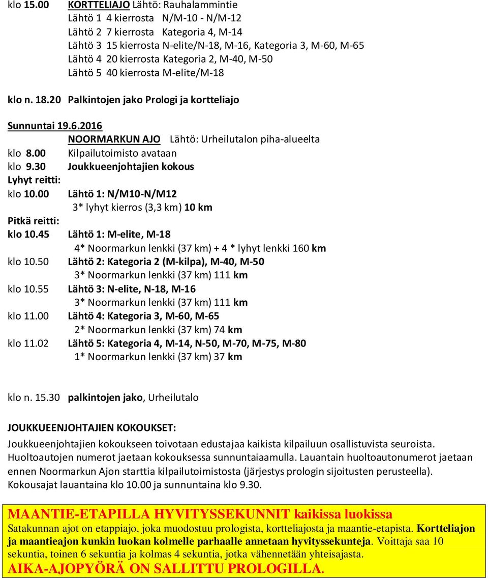 Kategoria 2, M-40, M-50 Lähtö 5 40 kierrosta M-elite/M-18 klo n. 18.20 Palkintojen jako Prologi ja kortteliajo Sunnuntai 19.6.2016 NOORMARKUN AJO Lähtö: Urheilutalon piha-alueelta klo 8.