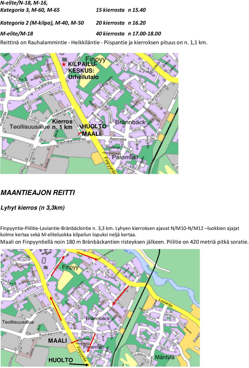 1 km HUOLTO MAALI MAANTIEAJON REITTI Lyhyt kierros (n 3,3km) Finpyyntie-Piilitie-Laviantie-Bränbäckintie n. 3,3 km.
