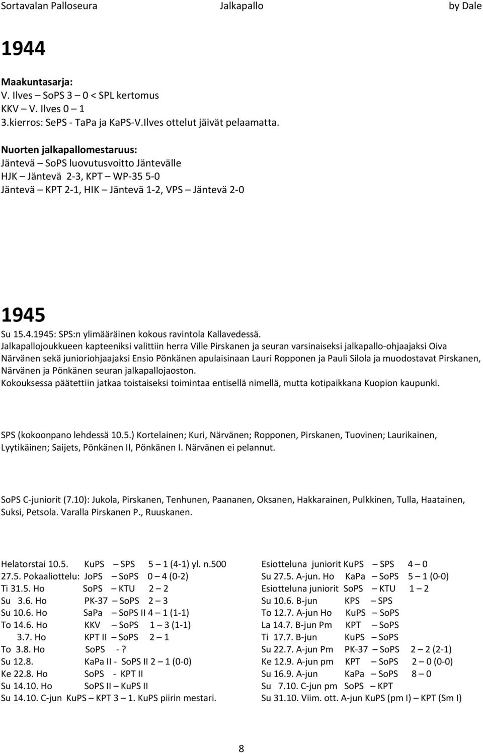 Su 15.4.1945: SPS:n ylimääräinen kokous ravintola KallavedessÄ.