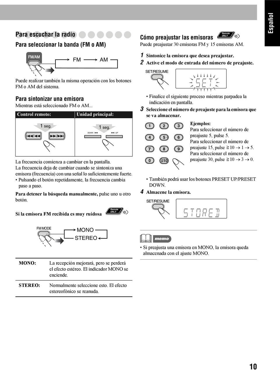 Para sintonizar una emisora Mientras está seleccionado FM o AM... Control remoto: 1 seg. Unidad principal: La frecuencia comienza a cambiar en la pantalla.