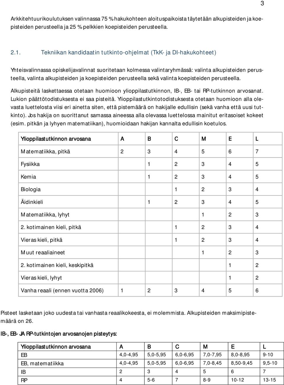 koepisteiden perusteella sekä valinta koepisteiden perusteella. Alkupisteitä laskettaessa otetaan huomioon ylioppilastutkinnon, IB-, EB- tai RP-tutkinnon arvosanat.