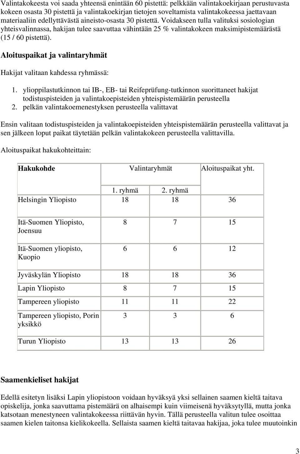 Voidakseen tulla valituksi sosiologian yhteisvalinnassa, hakijan tulee saavuttaa vähintään 25 % valintakokeen maksimipistemäärästä (15 / 60 pistettä).