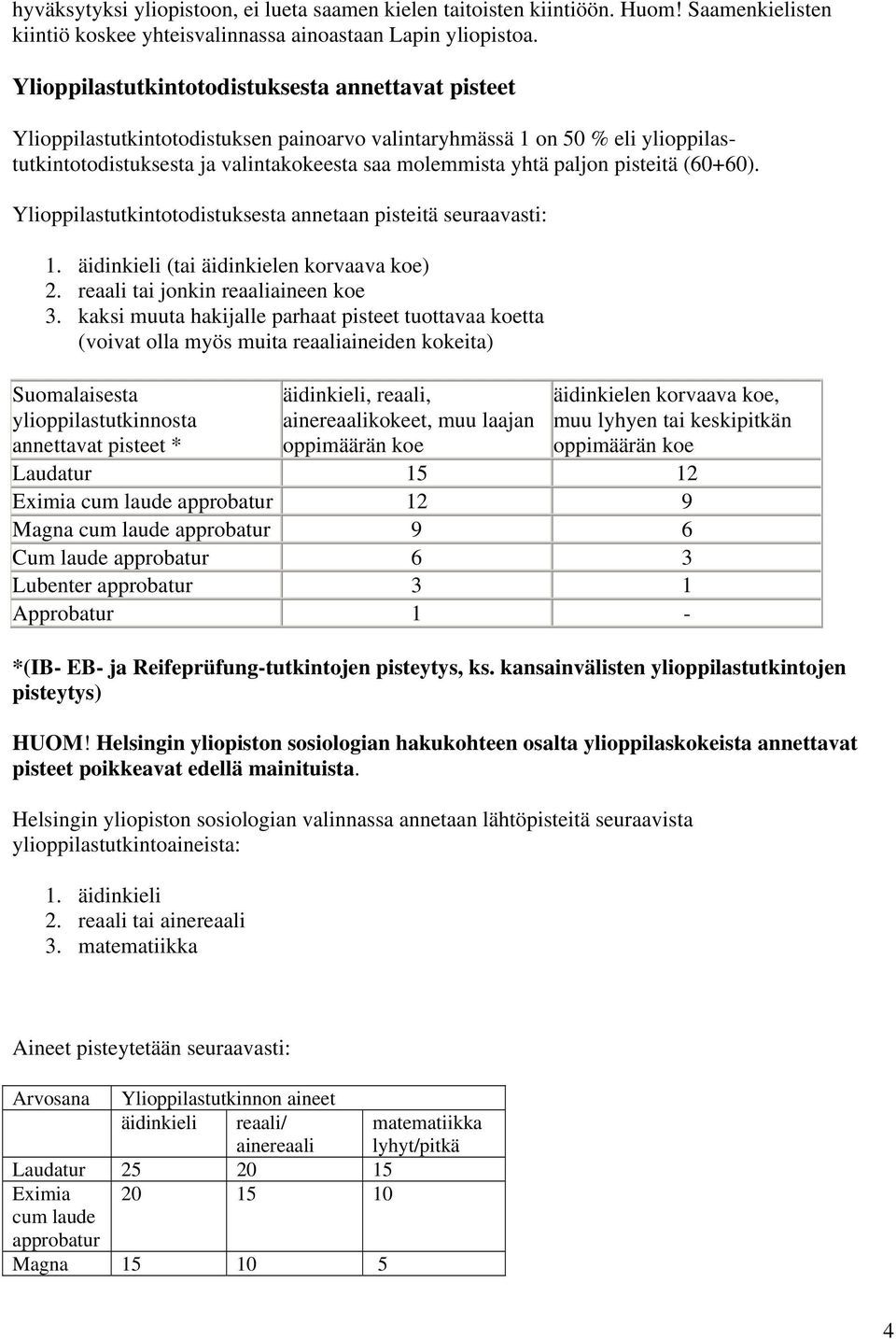 pisteitä (60+60). Ylioppilastutkintotodistuksesta annetaan pisteitä seuraavasti: 1. äidinkieli (tai äidinkielen korvaava koe) 2. reaali tai jonkin reaaliaineen koe 3.