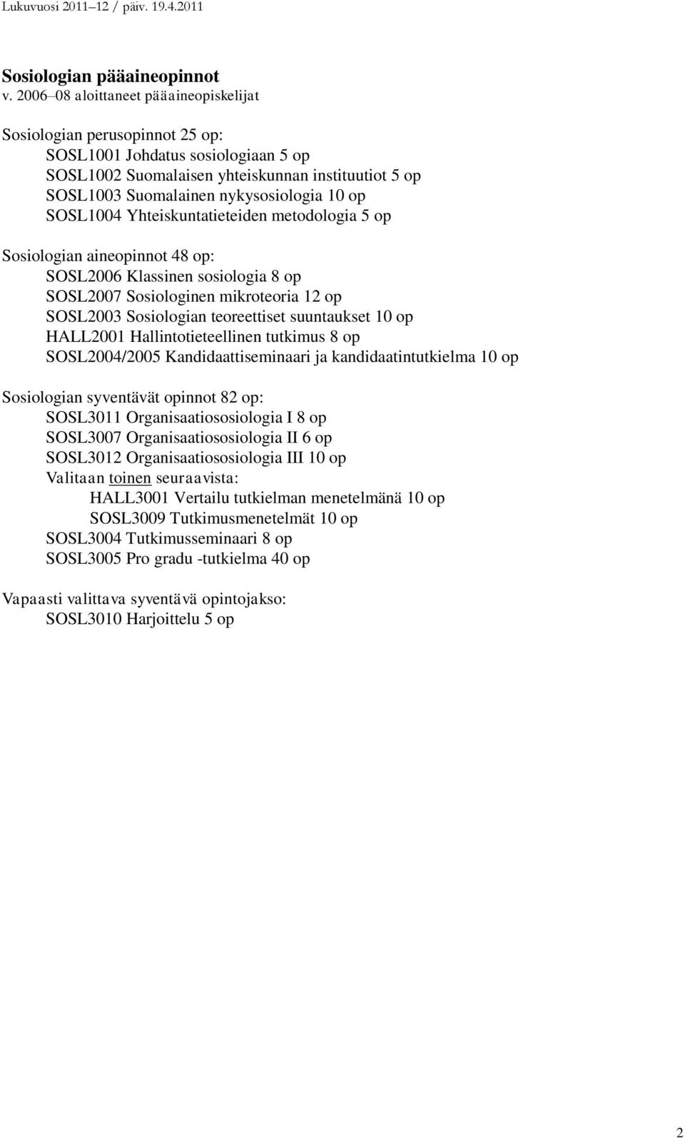 op SOSL1004 Yhteiskuntatieteiden metodologia 5 op Sosiologian aineopinnot 48 op: SOSL2006 Klassinen sosiologia 8 op SOSL2007 Sosiologinen mikroteoria 12 op SOSL2003 Sosiologian teoreettiset