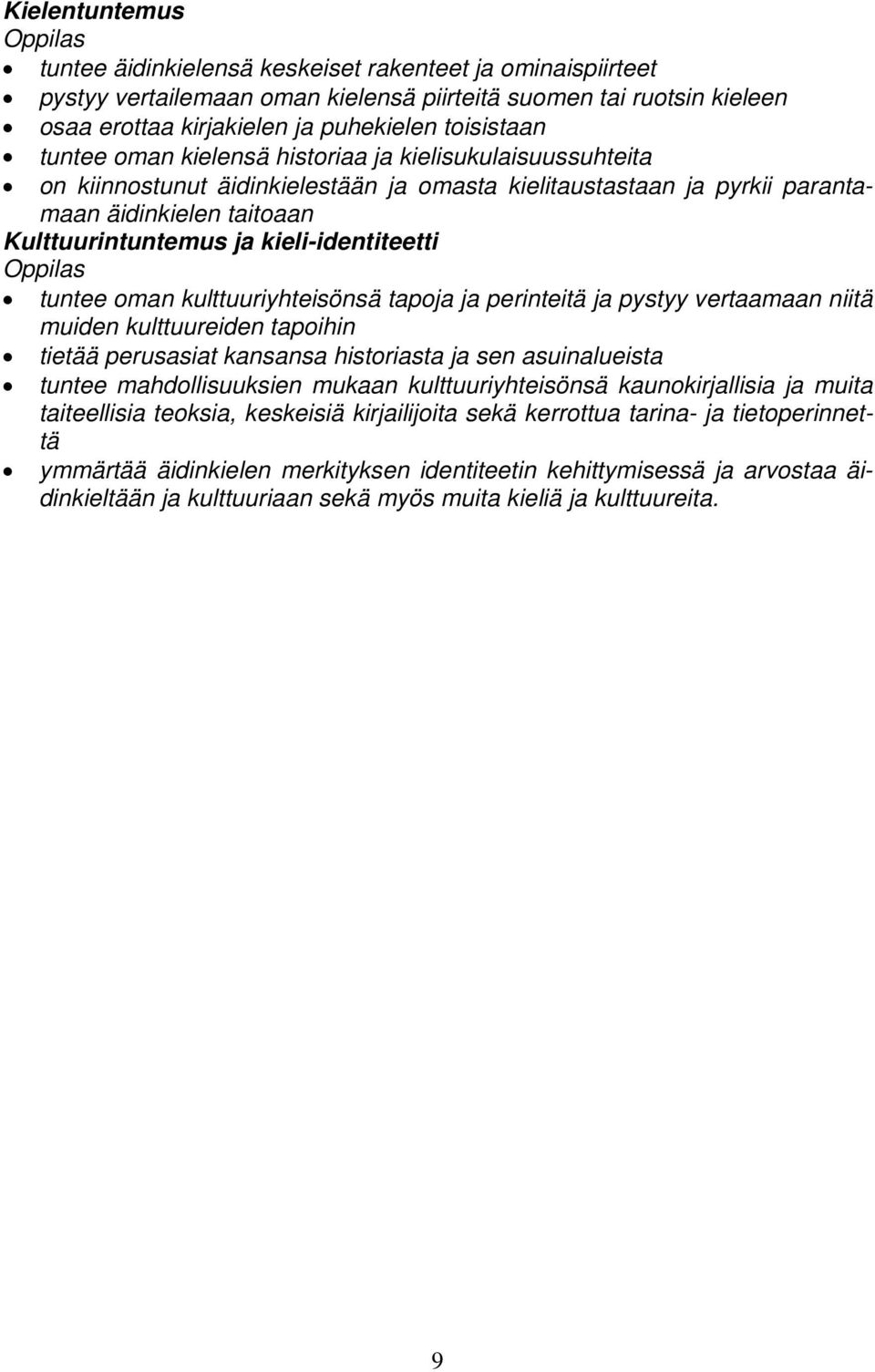 kieli-identiteetti tuntee oman kulttuuriyhteisönsä tapoja ja perinteitä ja pystyy vertaamaan niitä muiden kulttuureiden tapoihin tietää perusasiat kansansa historiasta ja sen asuinalueista tuntee
