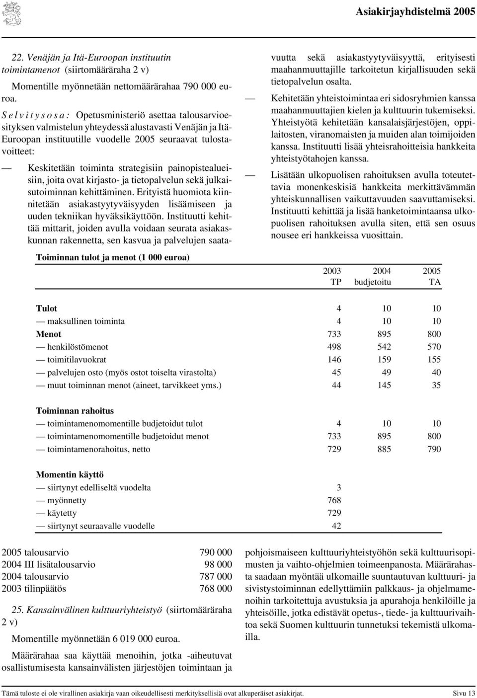 tulot ja menot (1 000 euroa) Keskitetään toiminta strategisiin painopistealueisiin, joita ovat kirjasto- ja tietopalvelun sekä julkaisutoiminnan kehittäminen.