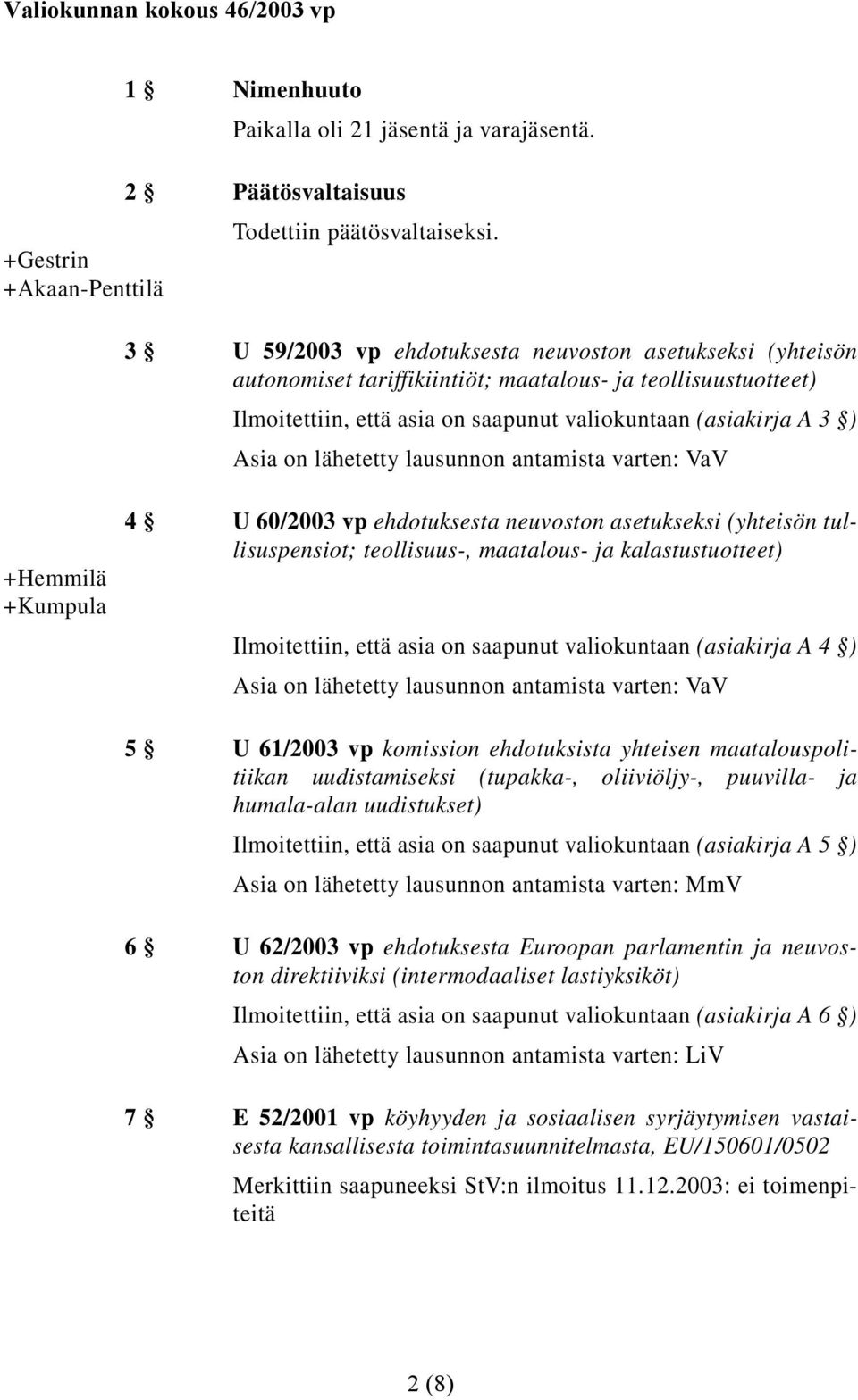 lähetetty lausunnon antamista varten: VaV +Hemmilä +Kumpula 4 U 60/2003 vp ehdotuksesta neuvoston asetukseksi (yhteisön tullisuspensiot; teollisuus-, maatalous- ja kalastustuotteet) Ilmoitettiin,