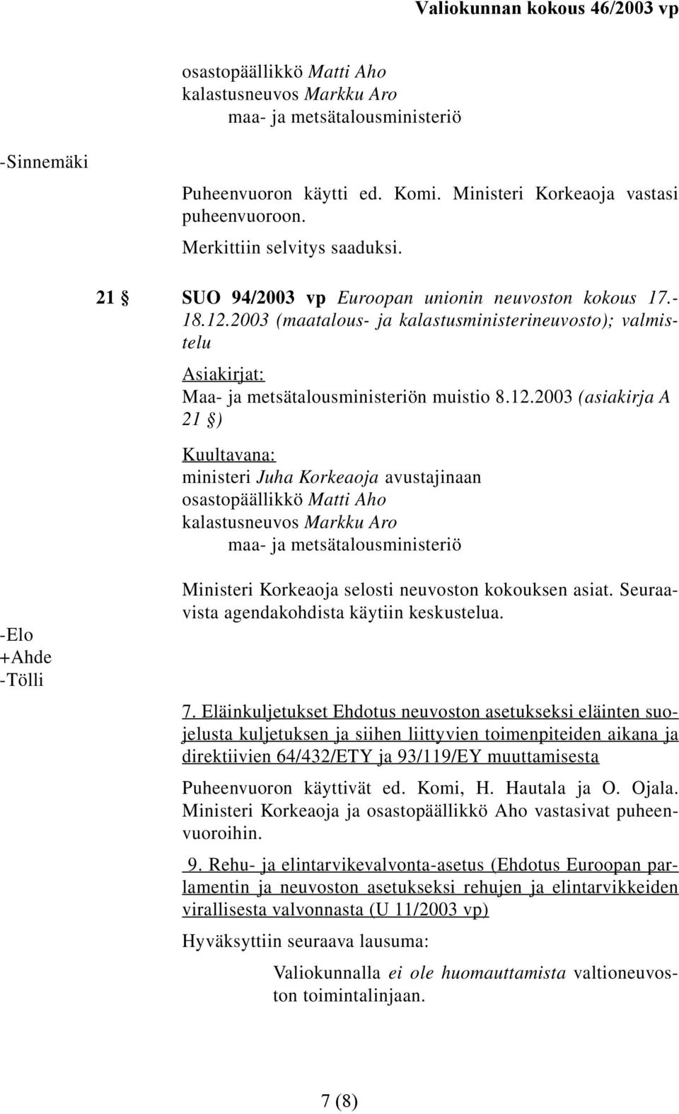 2003 (maatalous- ja kalastusministerineuvosto); valmistelu Maa- ja metsätalousministeriön muistio 8.12.