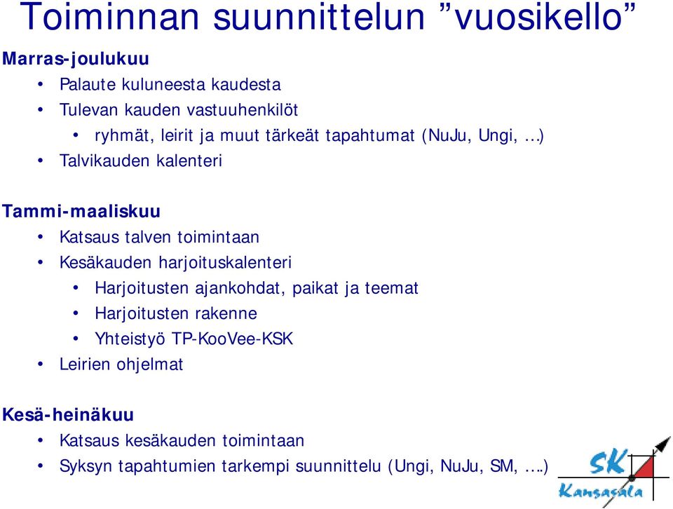 Kesäkauden harjoituskalenteri Harjoitusten ajankohdat, paikat ja teemat Harjoitusten rakenne Yhteistyö TP-KooVee-KSK