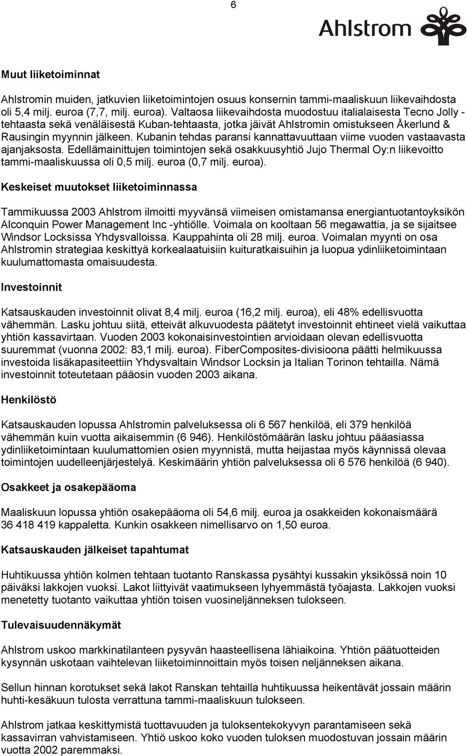 Kubanin tehdas paransi kannattavuuttaan viime vuoden vastaavasta ajanjaksosta. Edellämainittujen toimintojen sekä osakkuusyhtiö Jujo Thermal Oy:n liikevoitto tammi-maaliskuussa oli 0,5 milj.