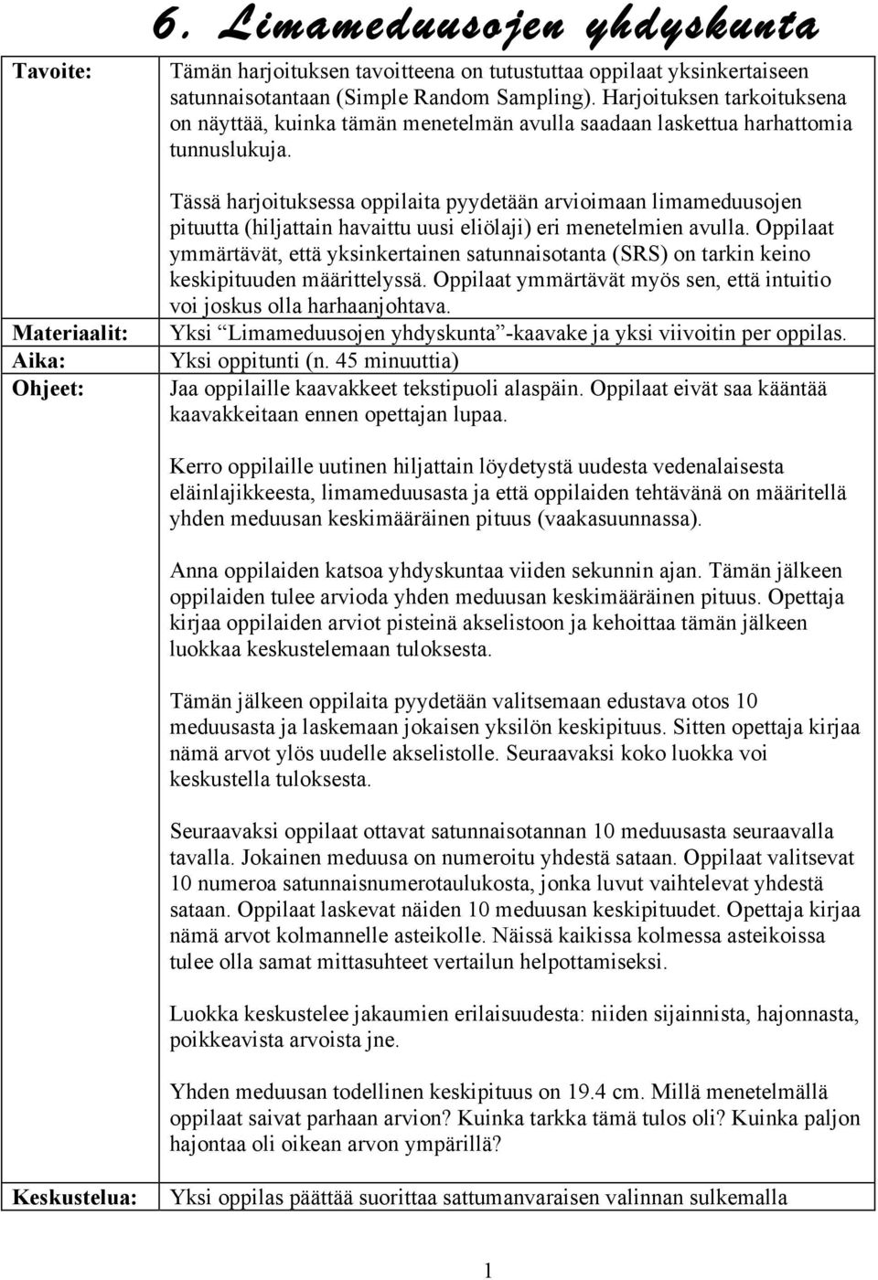 Tässä harjoituksessa oppilaita pyydetään arvioimaan limameduusojen pituutta (hiljattain havaittu uusi eliölaji) eri menetelmien avulla.