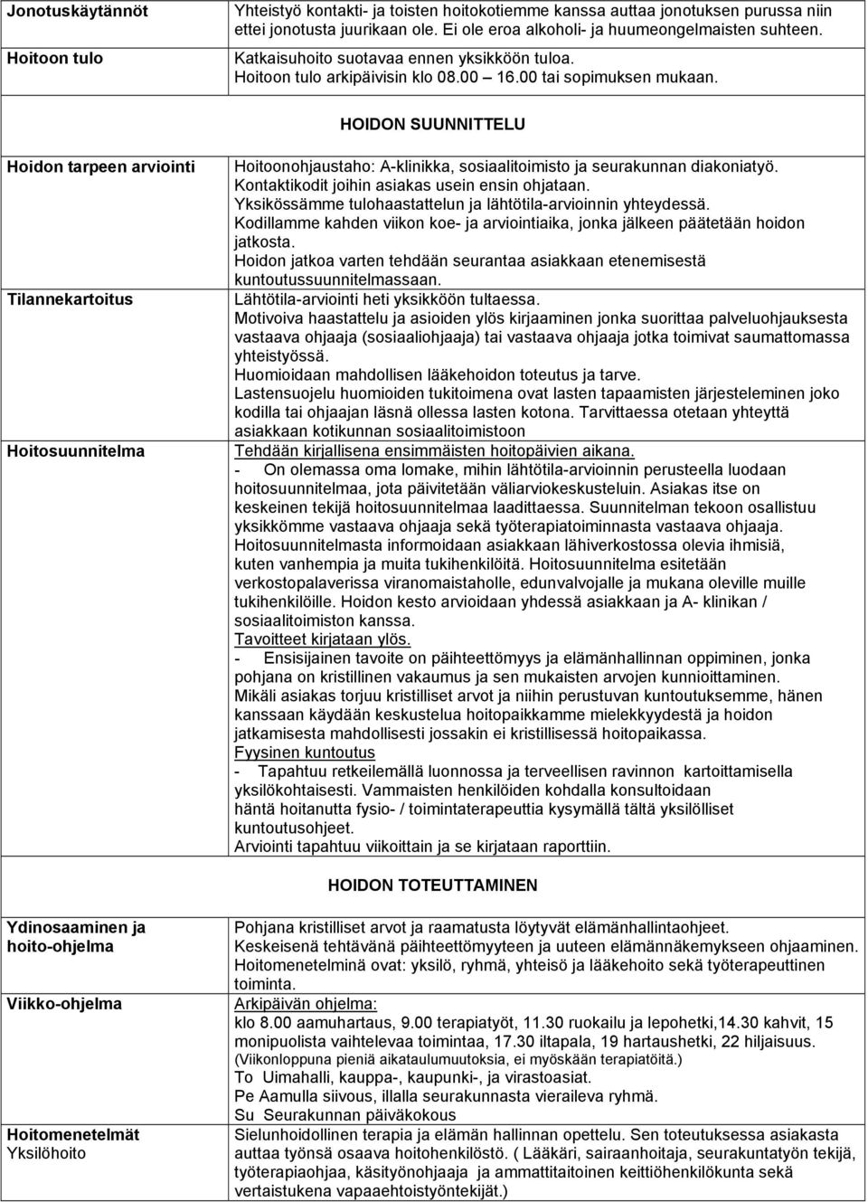 HOIDON SUUNNITTELU Hoidon tarpeen arviointi Tilannekartoitus Hoitosuunnitelma Hoitoonohjaustaho: A-klinikka, sosiaalitoimisto ja seurakunnan diakoniatyö.