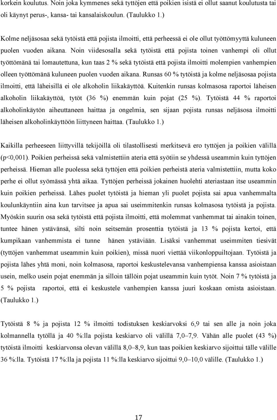 Noin viidesosalla sekä tytöistä että pojista toinen vanhempi oli ollut työttömänä tai lomautettuna, kun taas 2 % sekä tytöistä että pojista ilmoitti molempien vanhempien olleen työttömänä kuluneen
