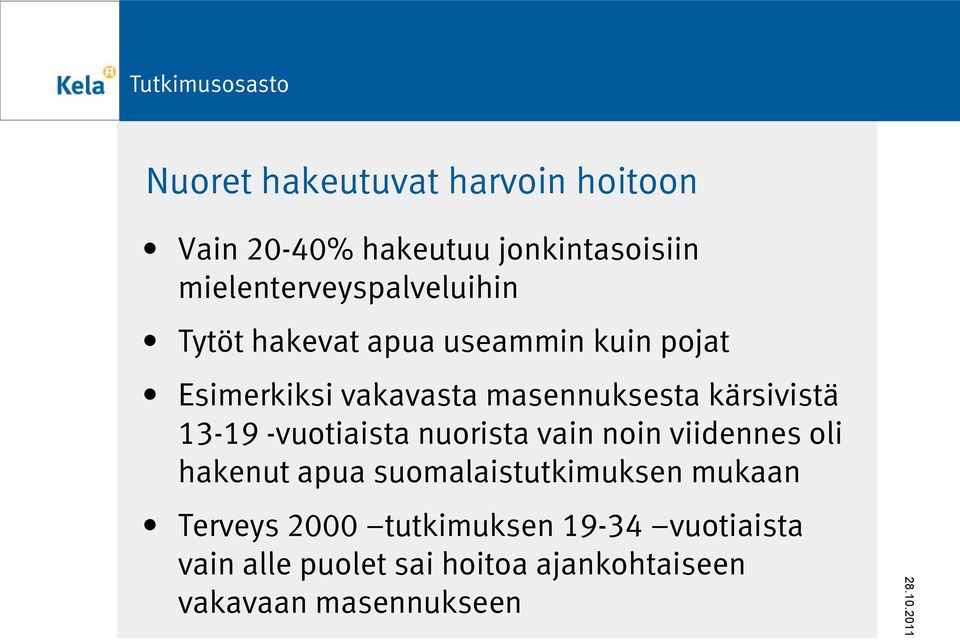 masennuksesta kärsivistä 13-19 -vuotiaista nuorista vain noin viidennes oli hakenut apua