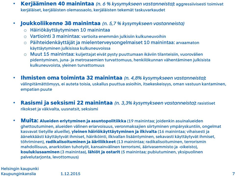 mainintaa: arvaamaton käyttäytyminen julkisissa kulkuneuvoissa o Muut 15 mainintaa: kuljettajat eivät pysty puuttumaan ikäviin tilanteisiin, vuorovälien pidentyminen, juna- ja metroasemien