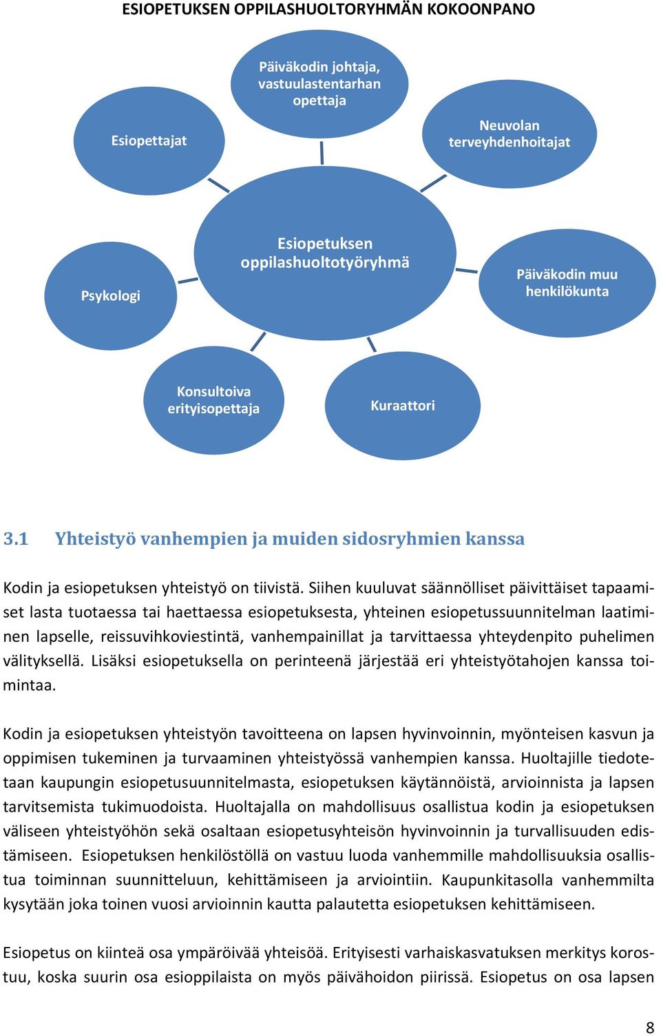 Siihen kuuluvat säännölliset päivittäiset tapaamiset lasta tuotaessa tai haettaessa esiopetuksesta, yhteinen esiopetussuunnitelman laatiminen lapselle, reissuvihkoviestintä, vanhempainillat ja