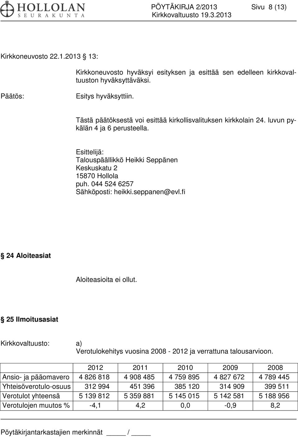 044 524 6257 Sähköposti: heikki.seppanen@evl.fi 24 Aloiteasiat Aloiteasioita ei ollut. 25 Ilmoitusasiat Kirkkovaltuusto: a) Verotulokehitys vuosina 2008-2012 ja verrattuna talousarvioon.