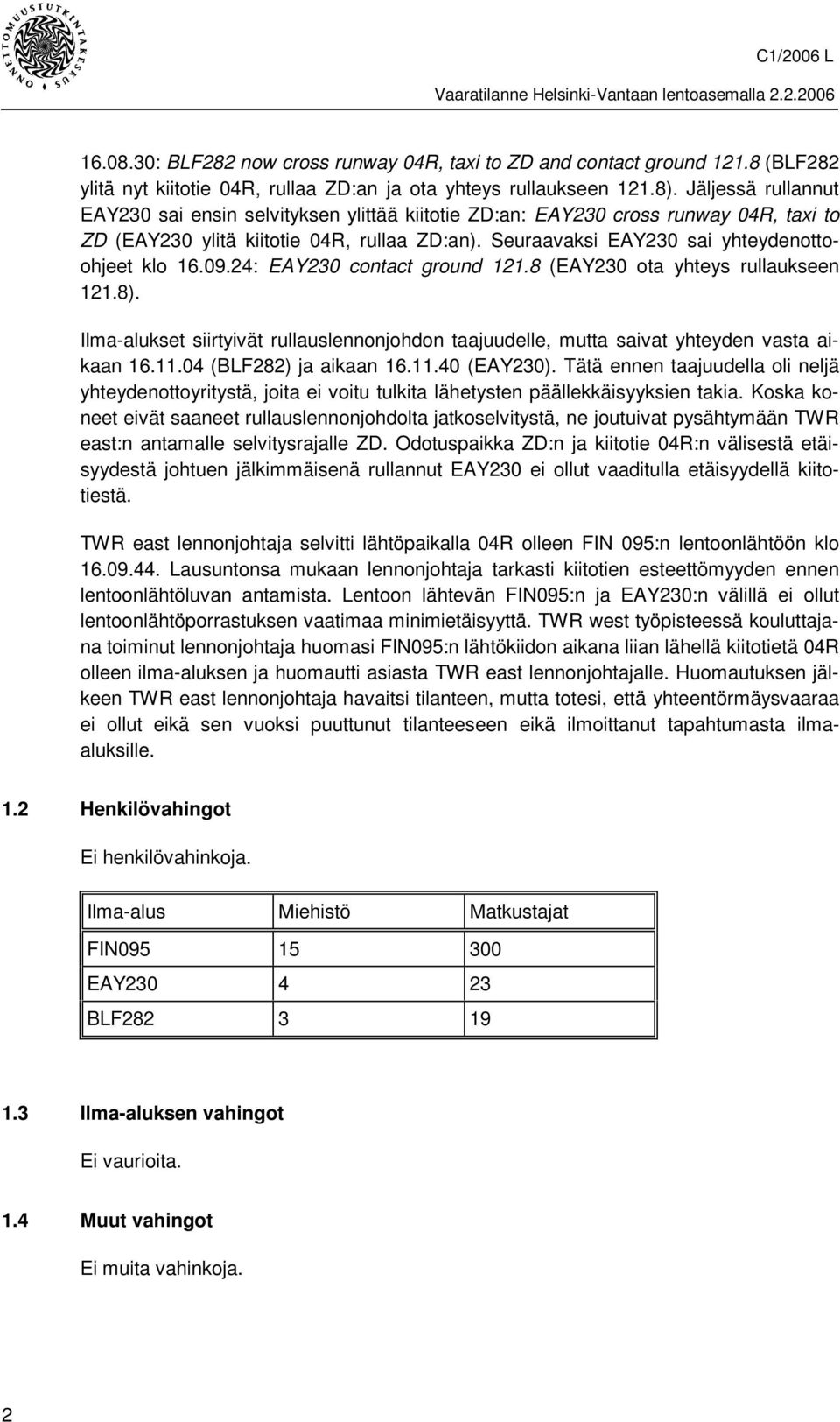 09.24: EAY230 contact ground 121.8 (EAY230 ota yhteys rullaukseen 121.8). Ilma-alukset siirtyivät rullauslennonjohdon taajuudelle, mutta saivat yhteyden vasta aikaan 16.11.04 (BLF282) ja aikaan 16.11.40 (EAY230).